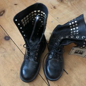 New Frye black leather moto boots w/studs